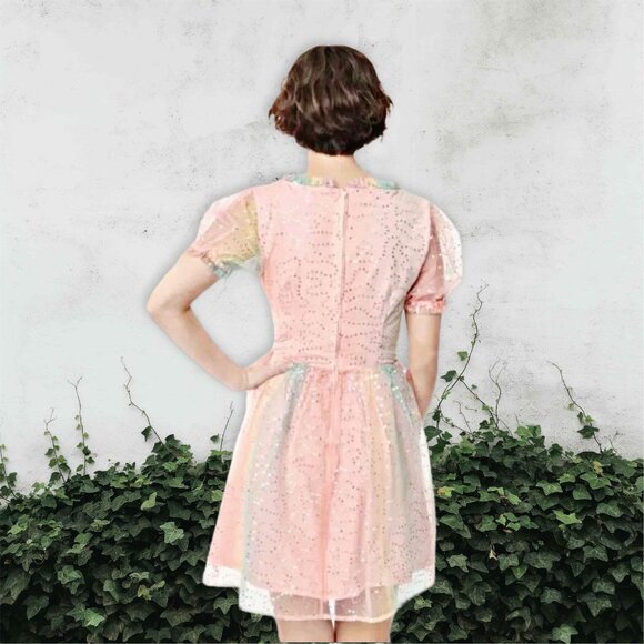 Unique Vintage Fit & Flare Rainbow Mini Dress Sequin Tulle Skirt Swing Plus 3X - Picture 4 of 13